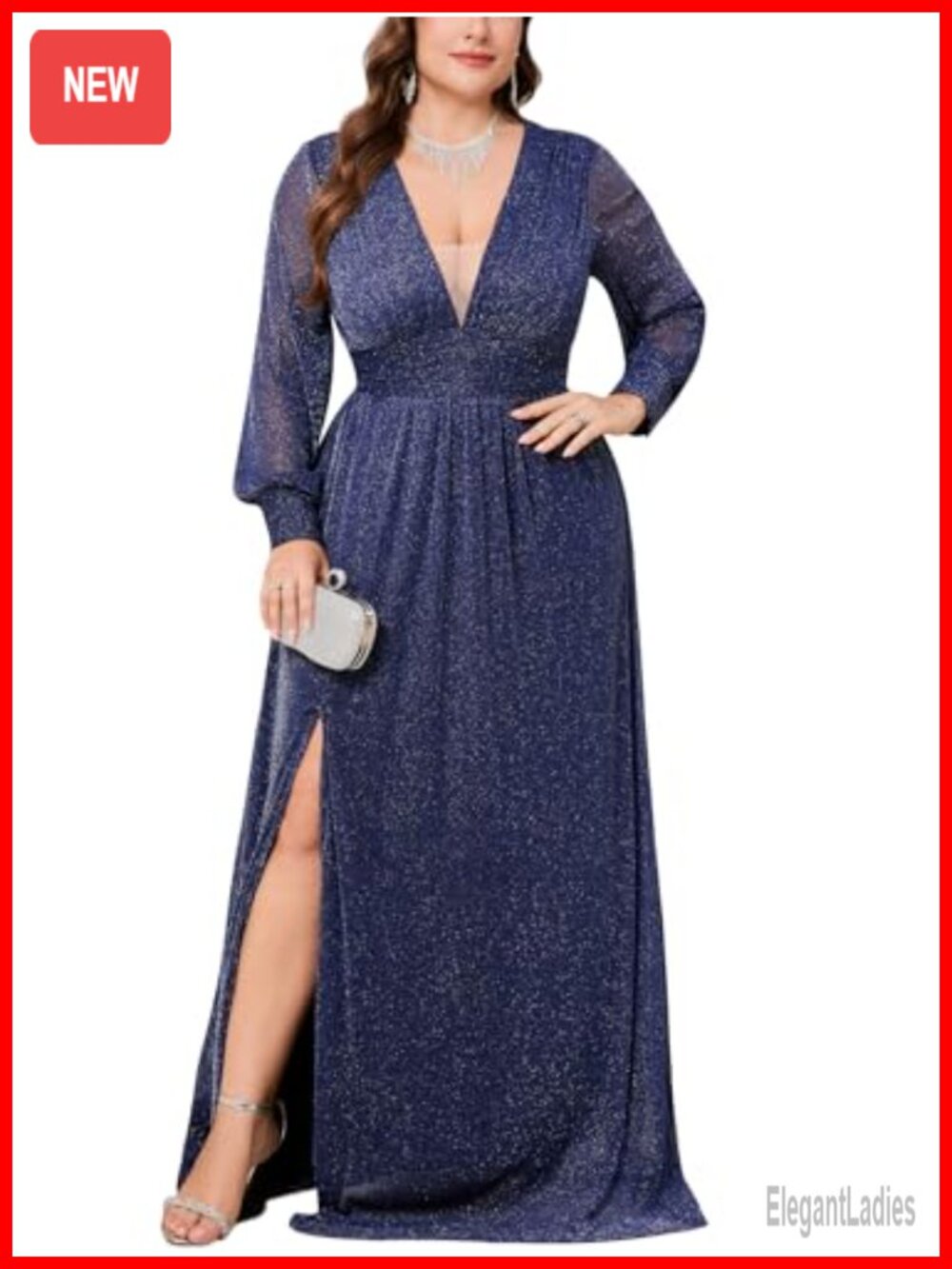 Plus Size Sparkly Mesh Formal Maxi Dress Long Sleeve V-Neck Slit Evening Gown